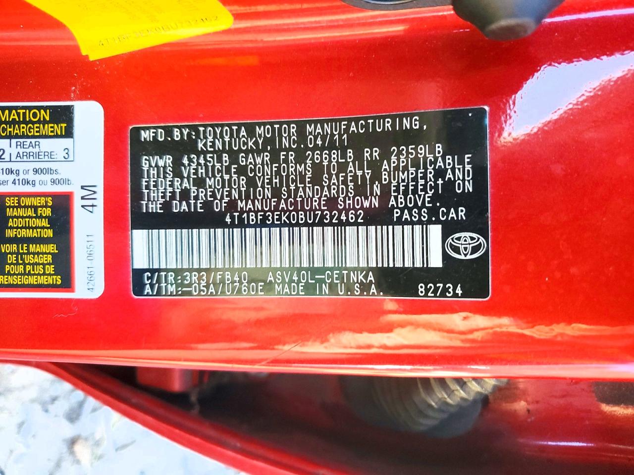 2011 TOYOTA CAMRY LE photo 12