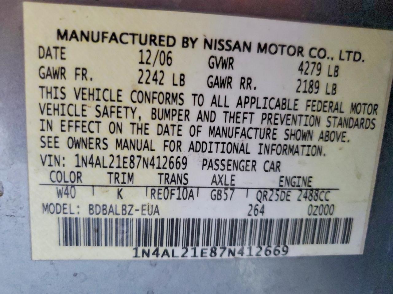 2007 NISSAN ALTIMA 2.5 photo 12