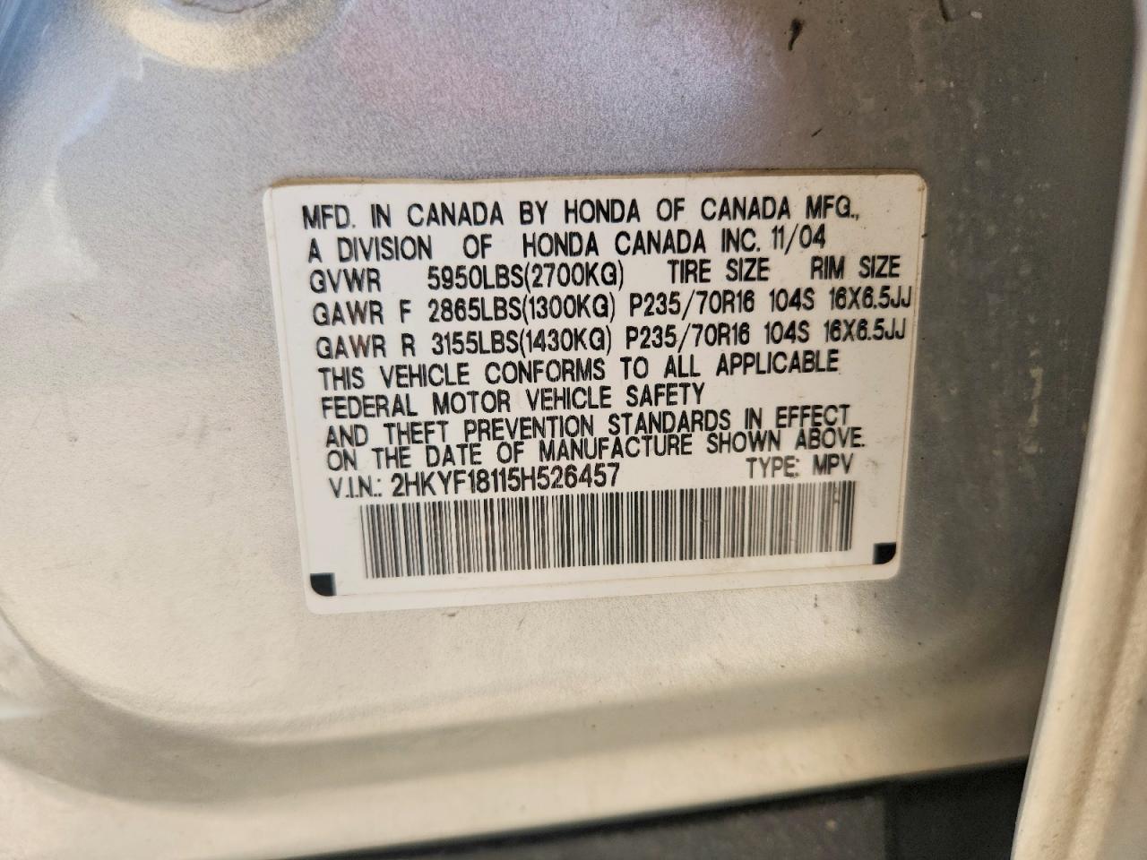2005 HONDA PILOT LX photo 13
