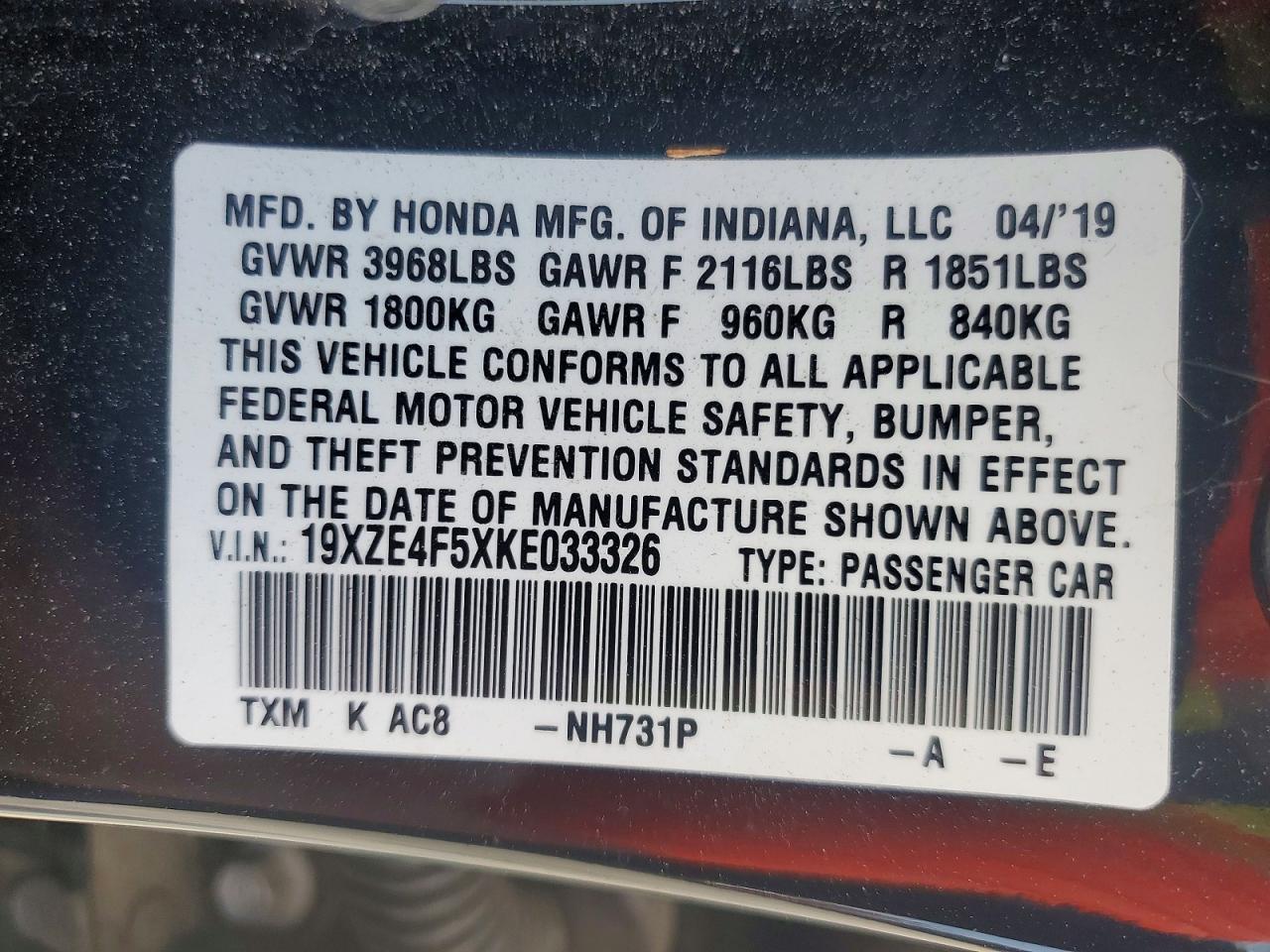 2019 HONDA INSIGHT EX photo 12