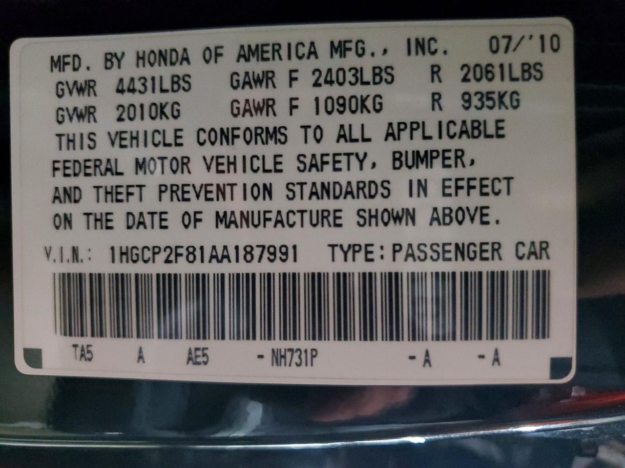 2010 HONDA ACCORD EXL photo 12