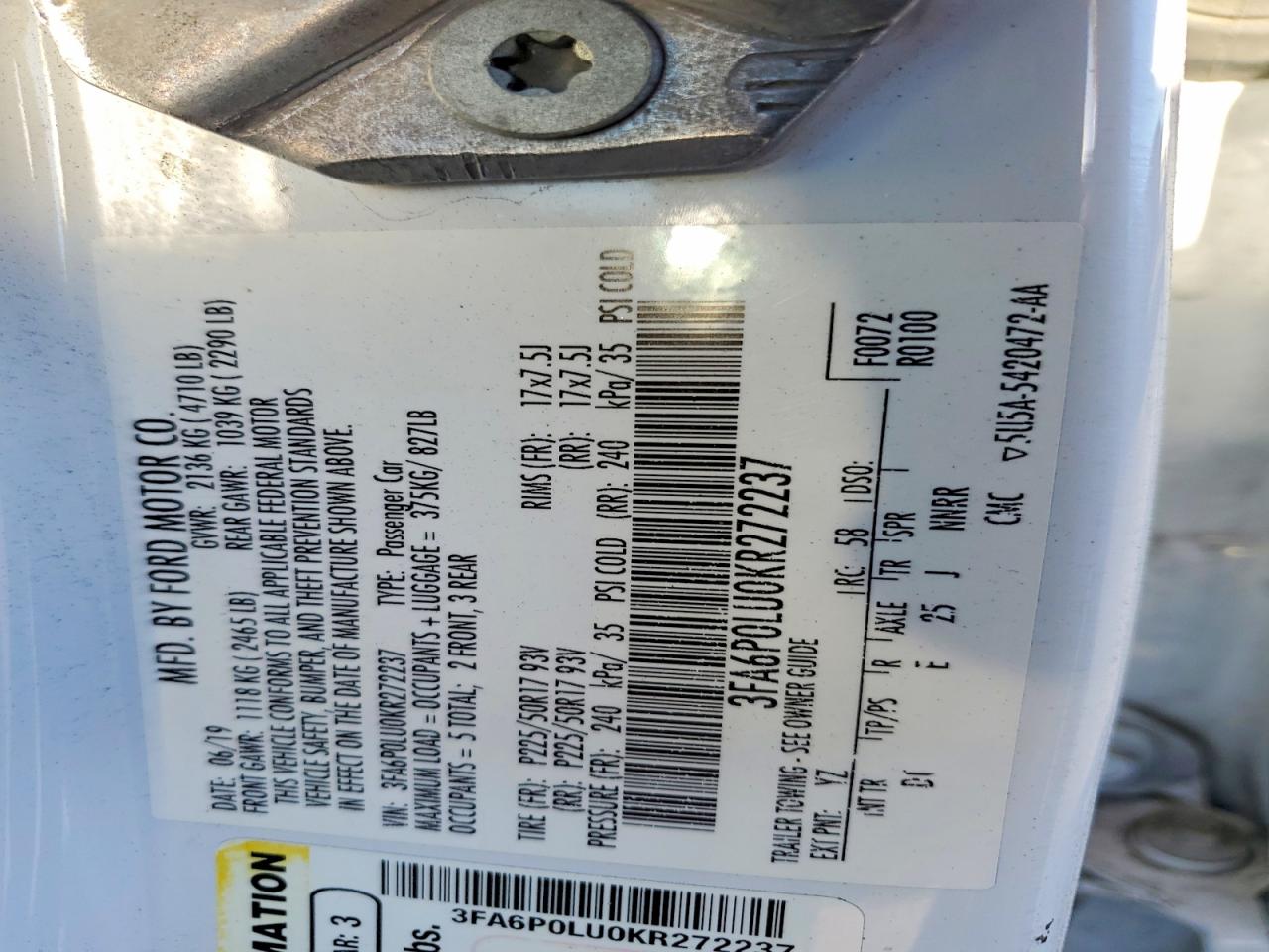 2019 FORD FUSION SE photo 34