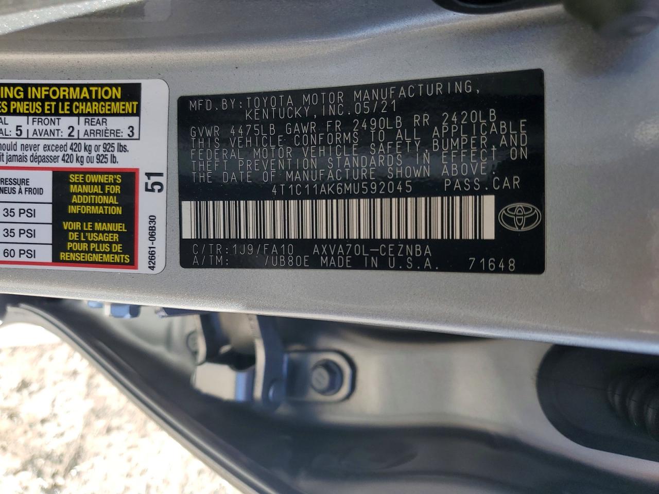 2021 TOYOTA CAMRY LE photo 12