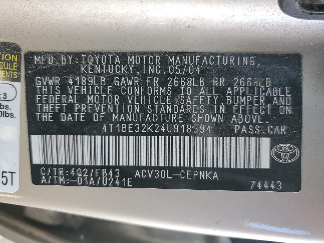 2004 TOYOTA CAMRY STANDARD photo 23