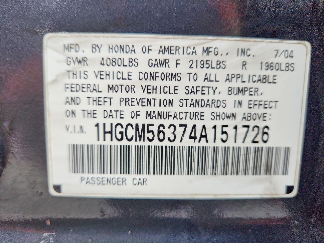 2004 HONDA ACCORD LX photo 23