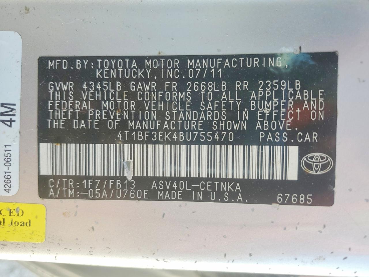 2011 TOYOTA CAMRY LE photo 12