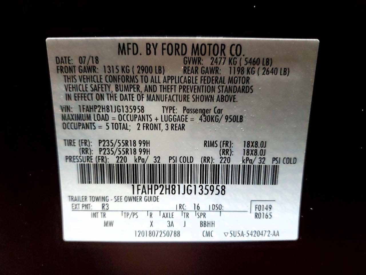 2018 FORD TAURUS SEL photo 12