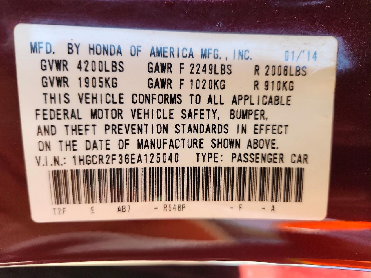 2014 HONDA ACCORD LX photo 12