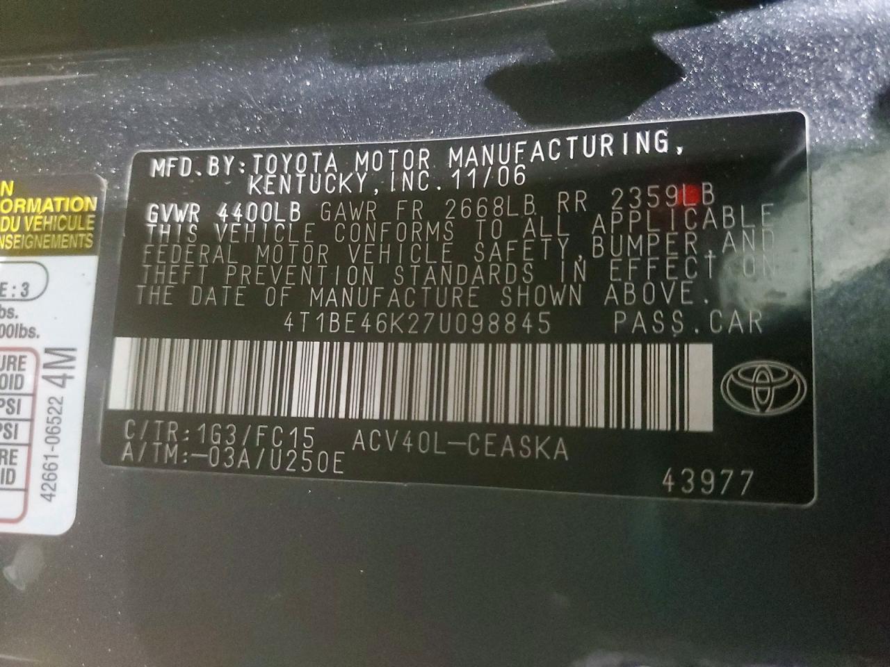 2007 TOYOTA CAMRY SE photo 12