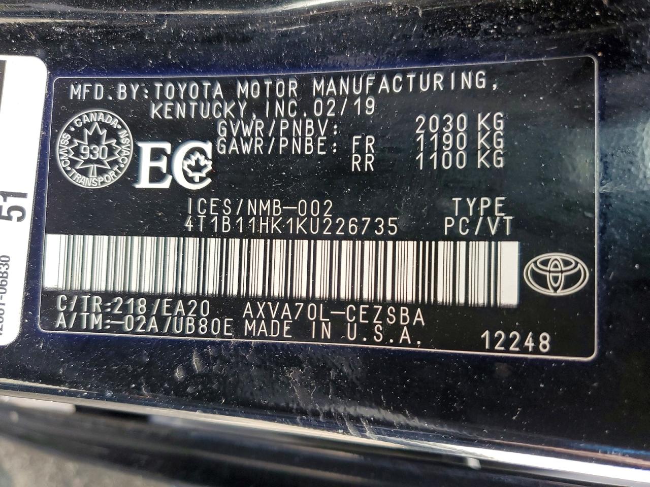 2019 TOYOTA CAMRY L photo 37