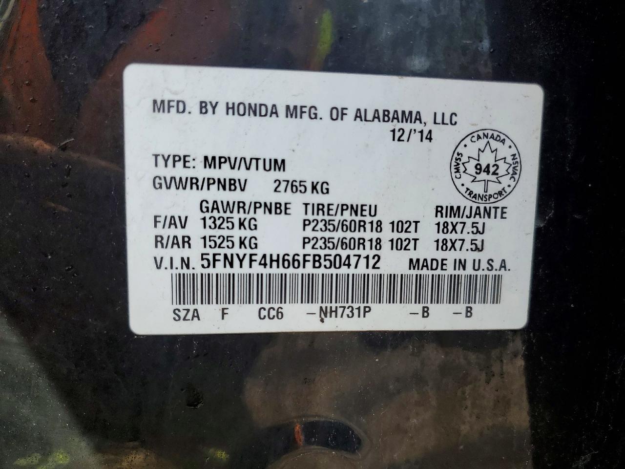 2015 HONDA PILOT EXL photo 27