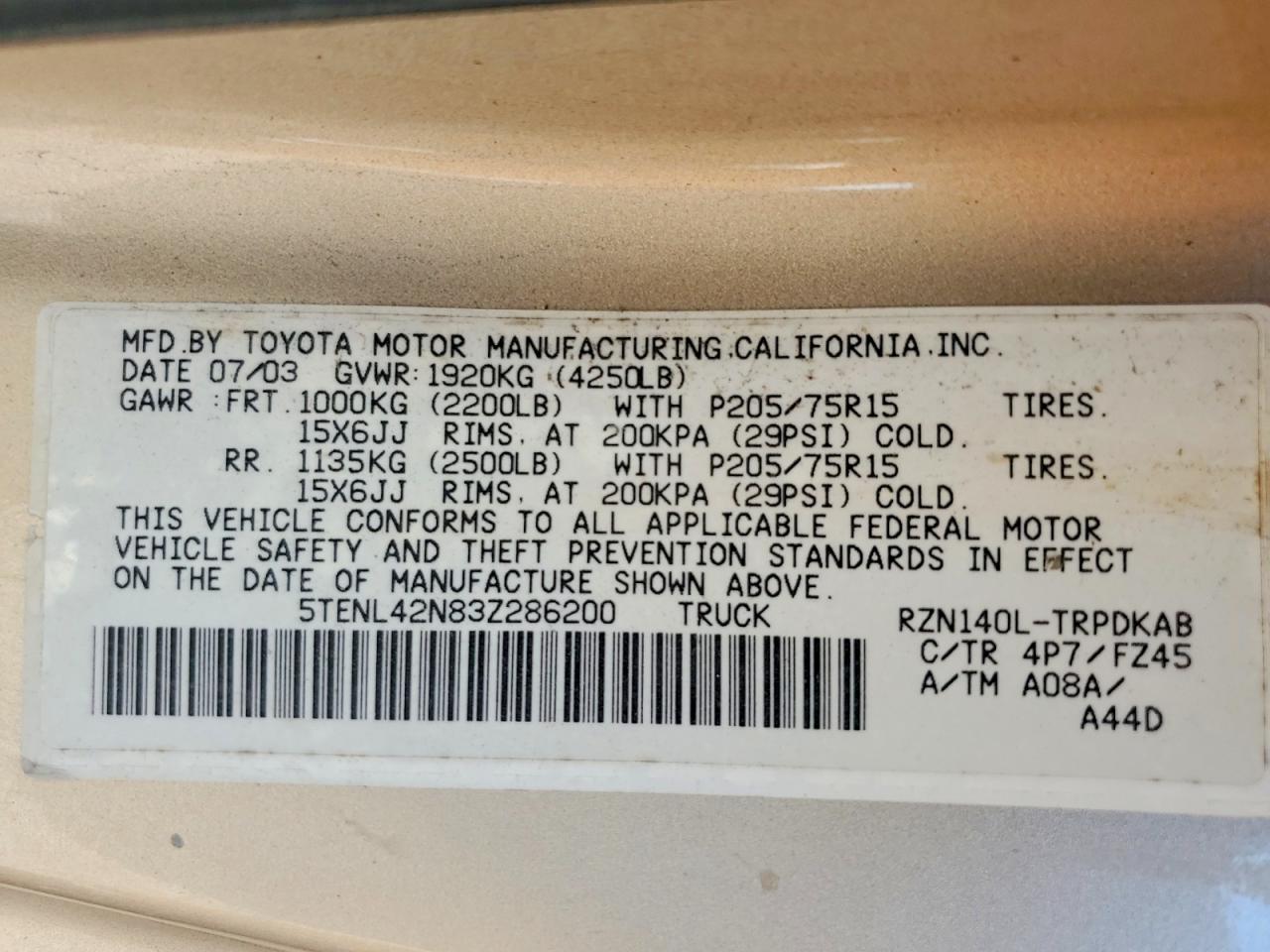 2003 TOYOTA TACOMA BASE photo 12