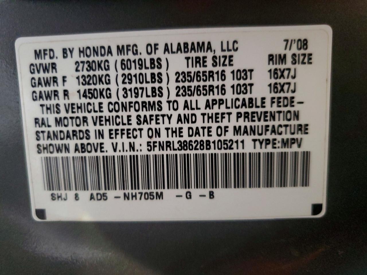 2008 HONDA ODYSSEY EXL photo 13
