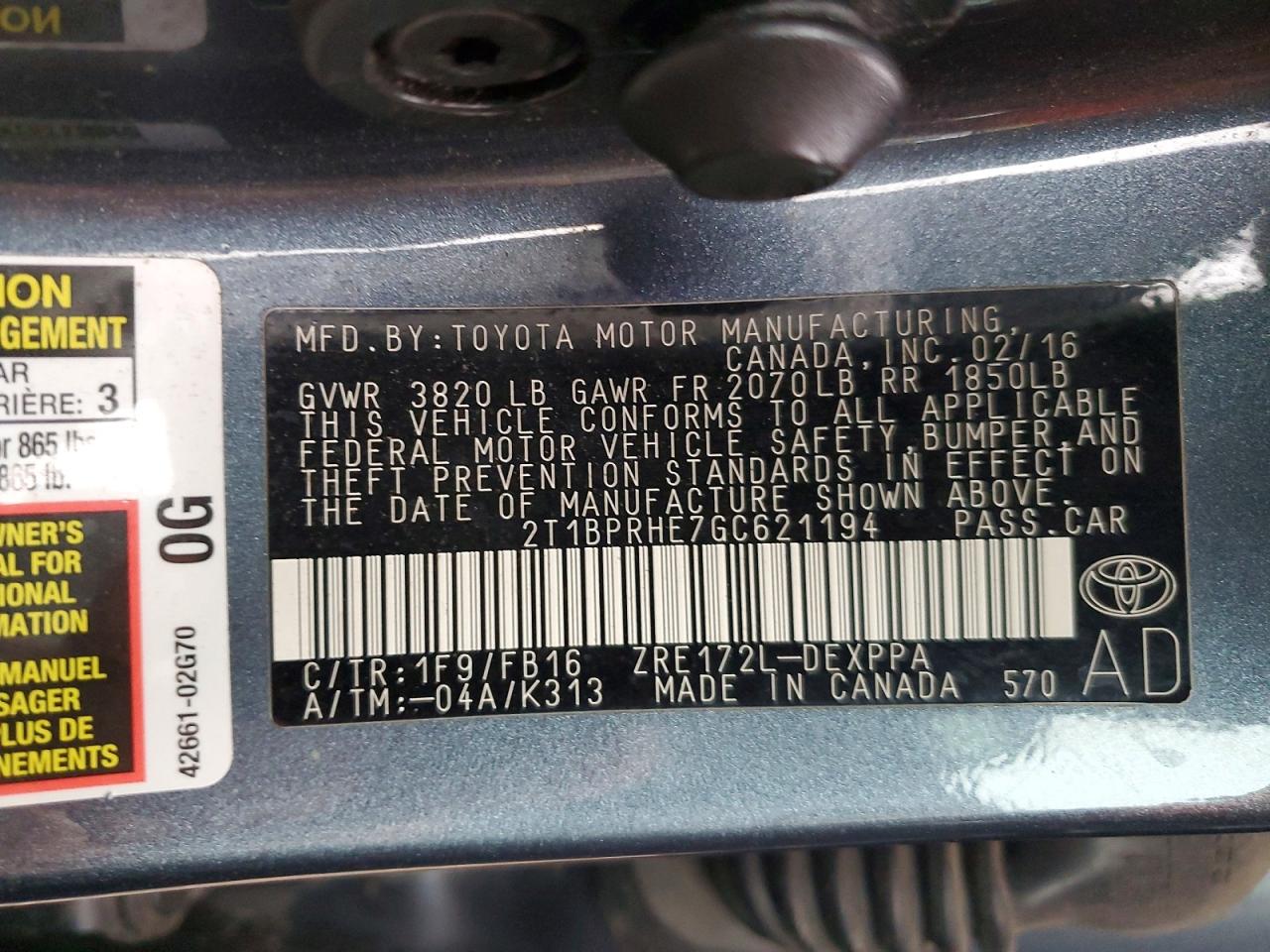 2016 TOYOTA COROLLA LE ECO PLUS photo 12