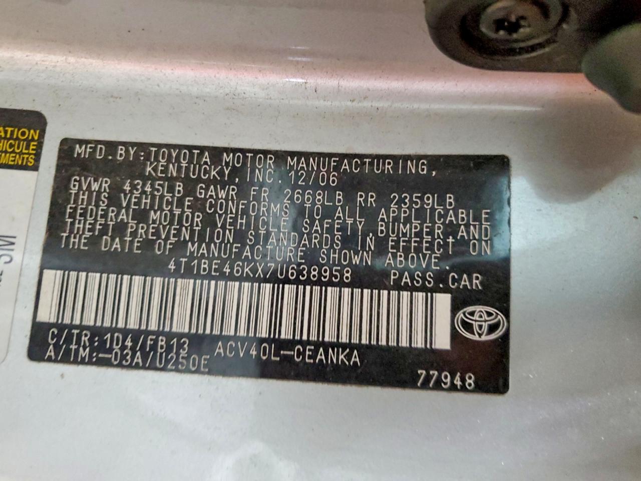 2007 TOYOTA CAMRY LE photo 13