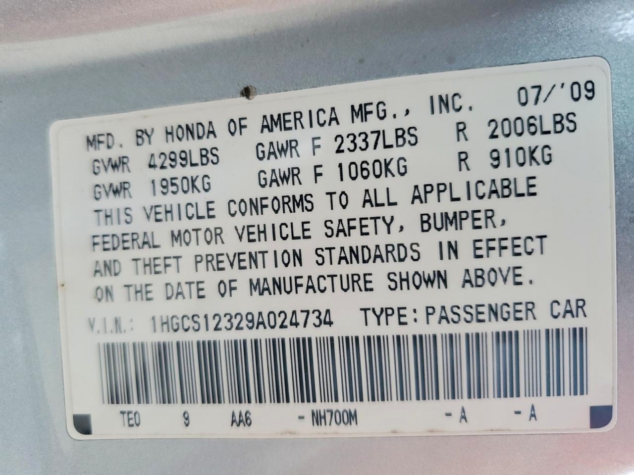 2009 HONDA ACCORD LX photo 13