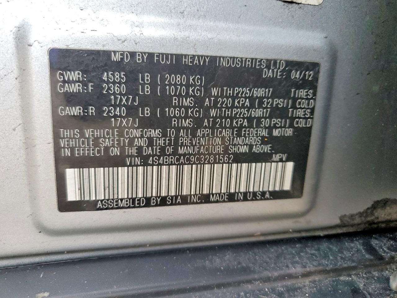 2012 SUBARU OUTBACK 2.5I photo 23