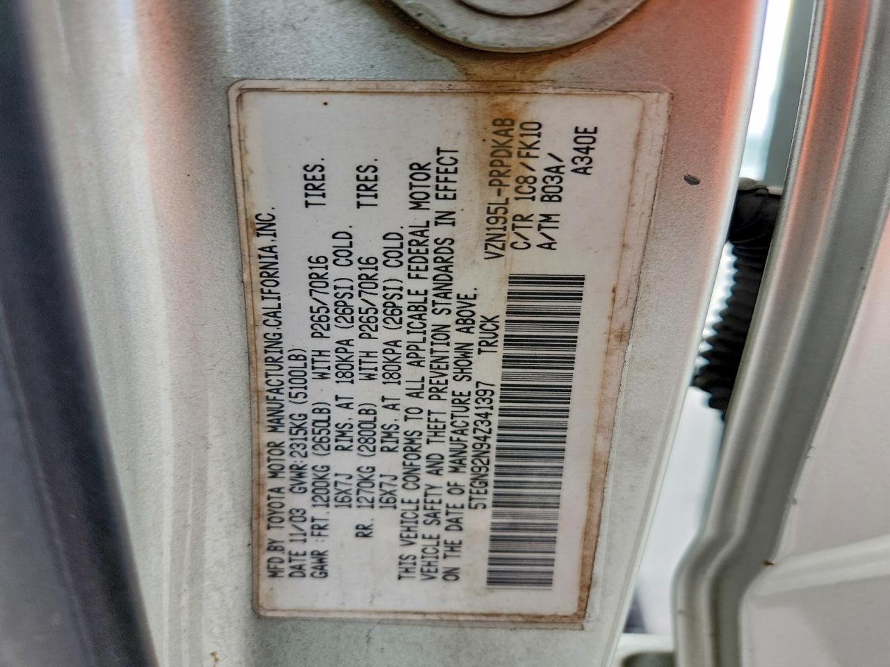 2004 TOYOTA TACOMA PRERUNNER V6 photo 25