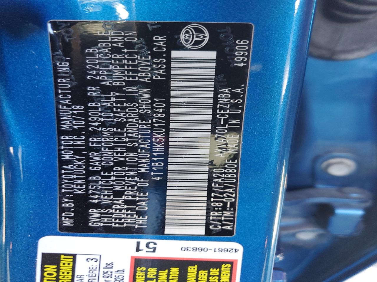 2019 TOYOTA CAMRY LE photo 37