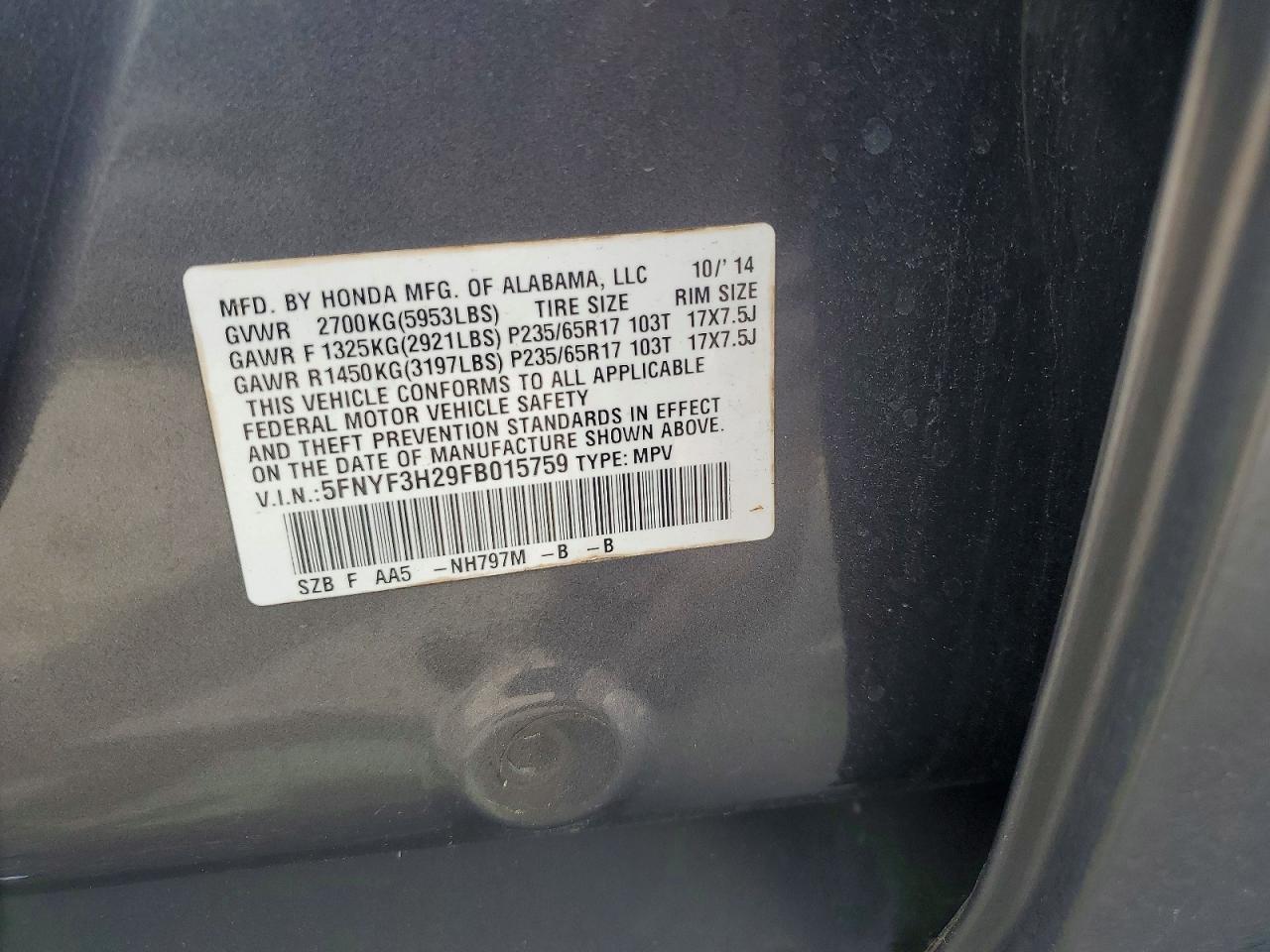 2015 HONDA PILOT LX photo 37