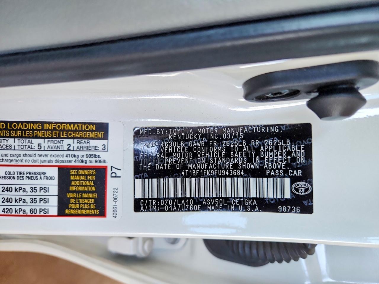 2015 TOYOTA CAMRY XLE photo 12