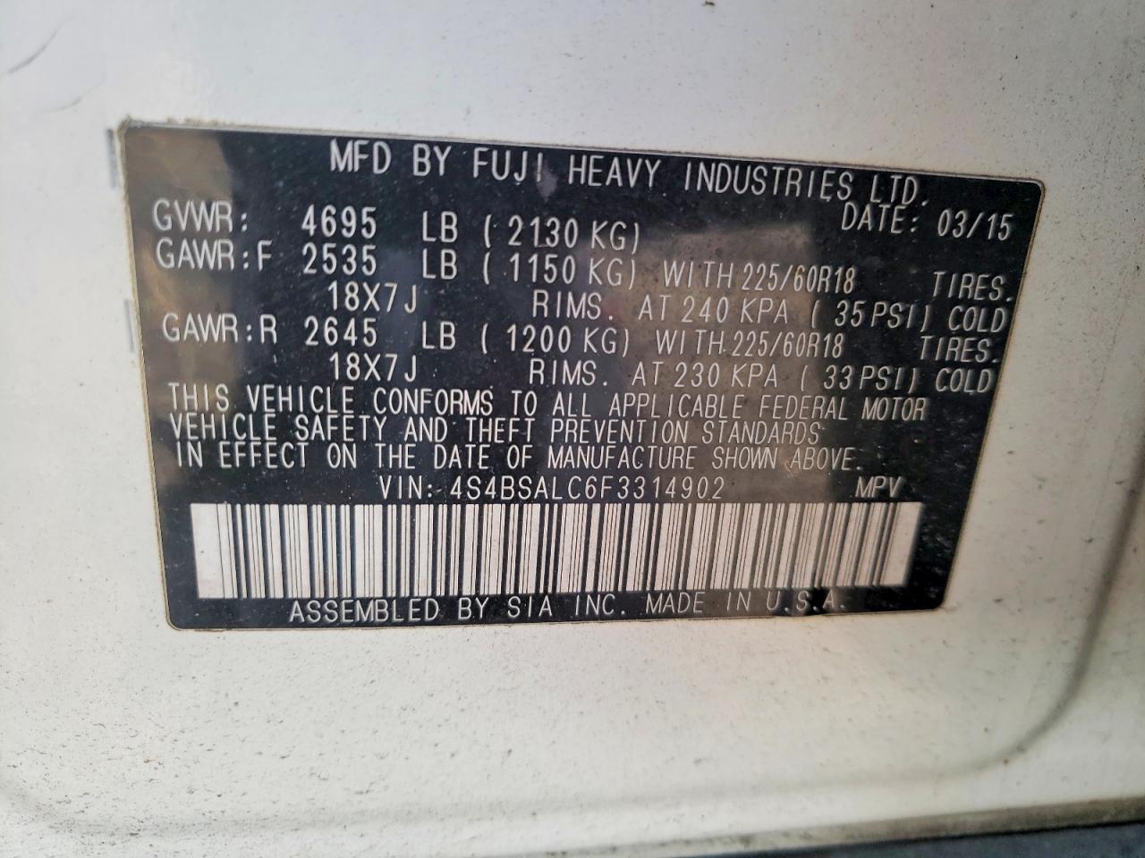 2015 SUBARU OUTBACK 2.5I LIMITED photo 25