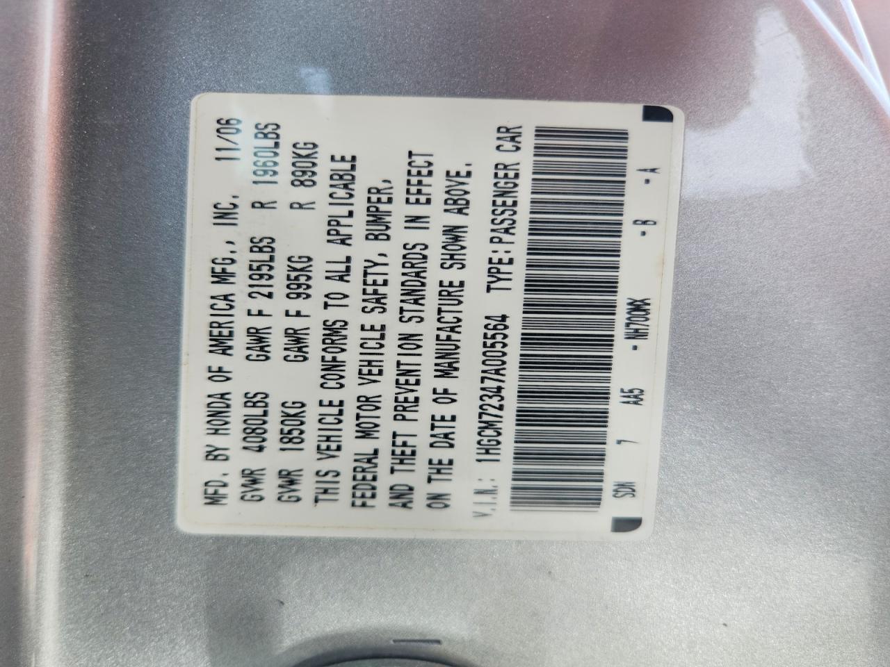 2007 HONDA ACCORD LX photo 23