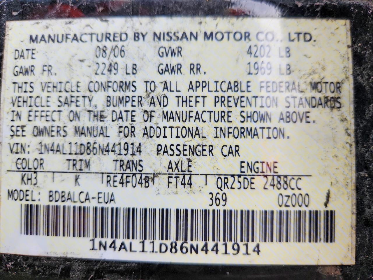2006 NISSAN ALTIMA 2.5 photo 13