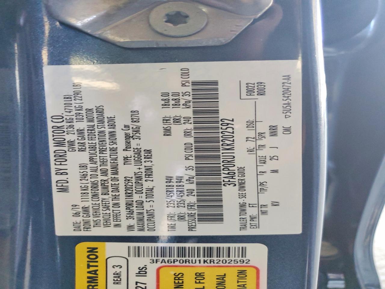 2019 FORD FUSION TITANIUM photo 12