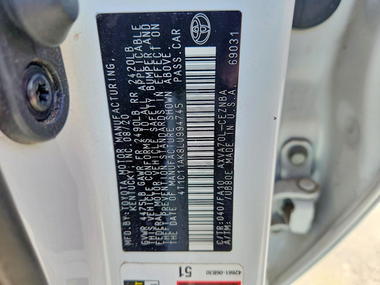 2020 TOYOTA CAMRY LE photo 12