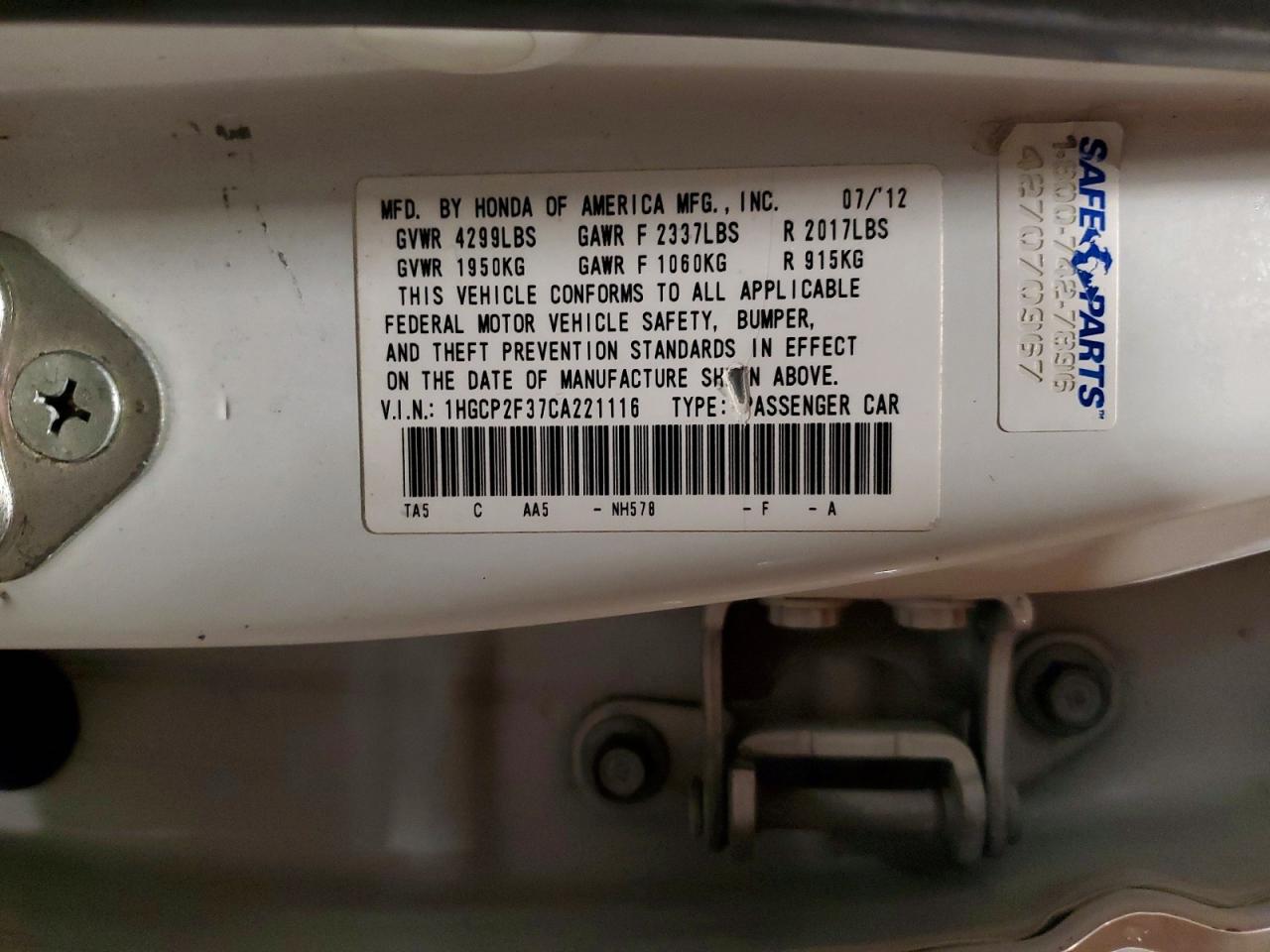 2012 HONDA ACCORD LX photo 25