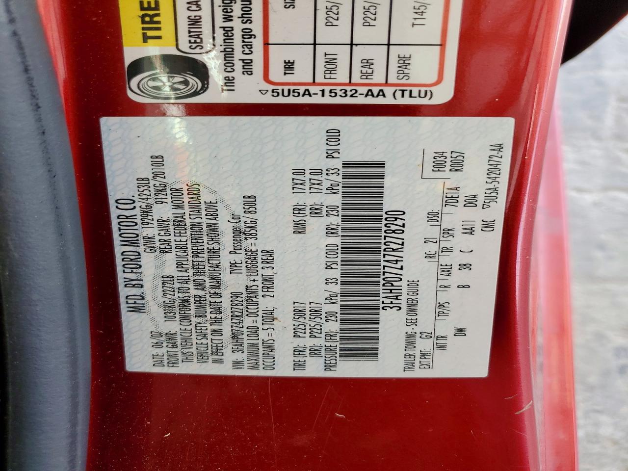 2007 FORD FUSION SE photo 12