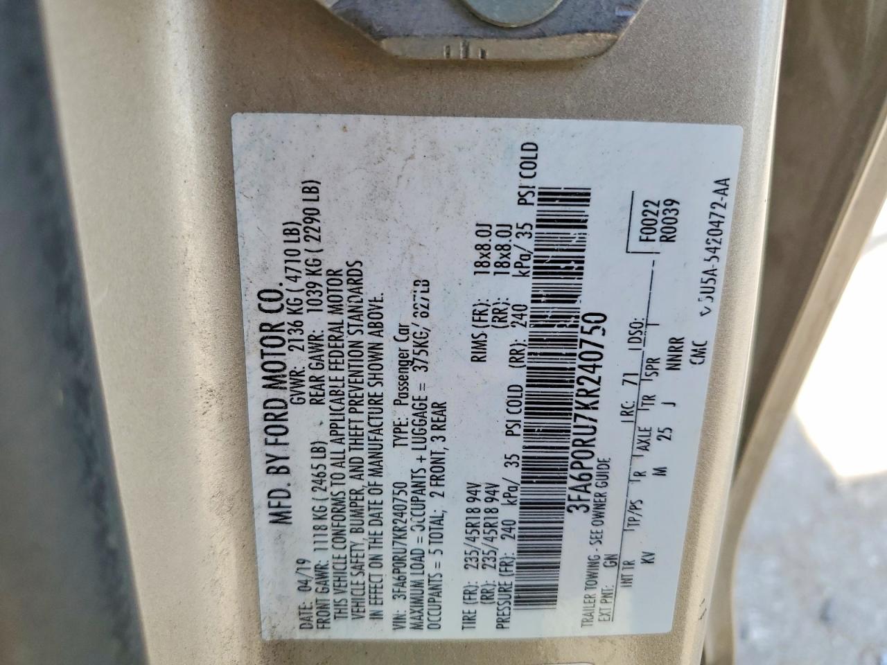 2019 FORD FUSION TITANIUM photo 12