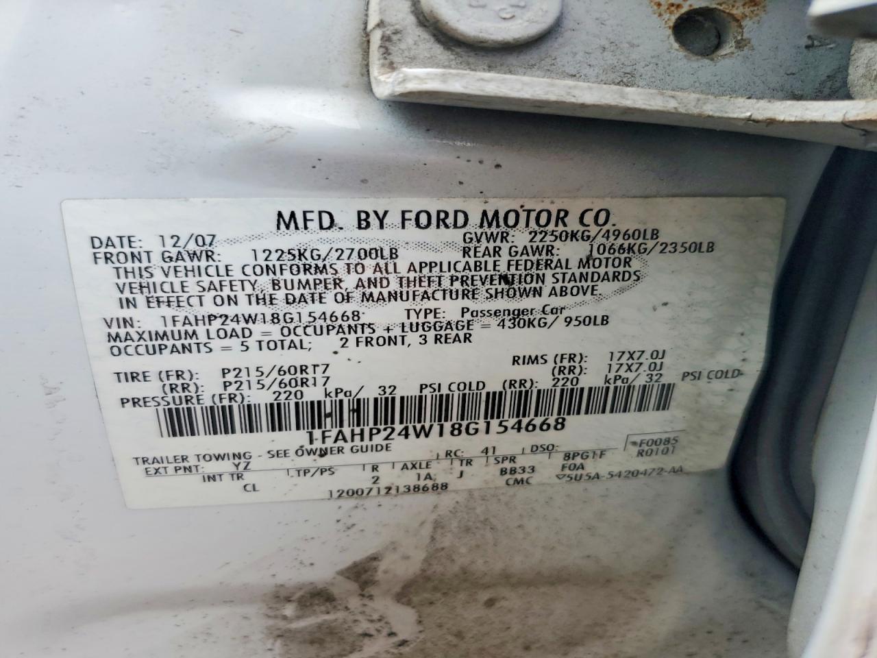 2008 FORD TAURUS SEL photo 12