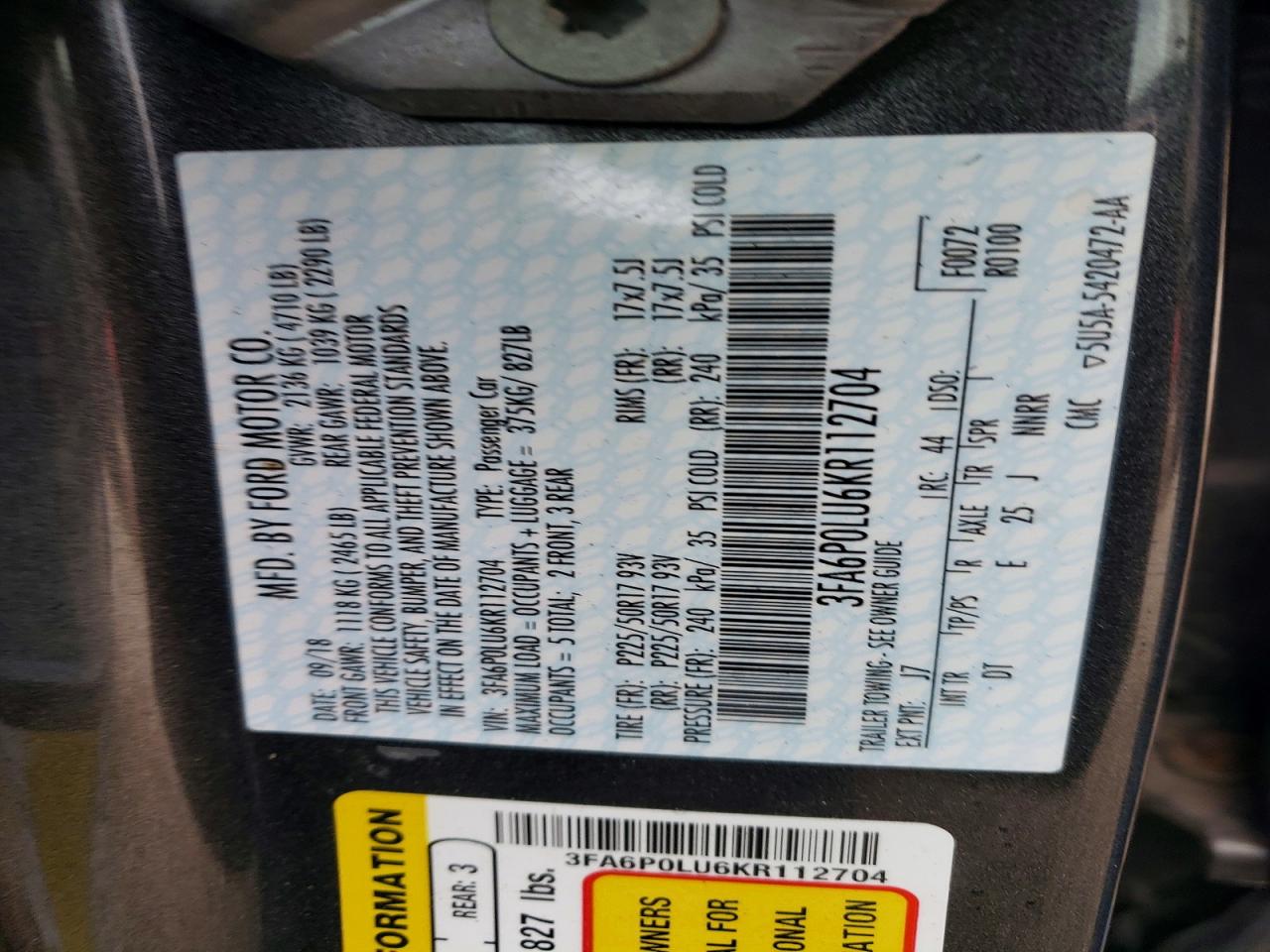 2019 FORD FUSION SE photo 12