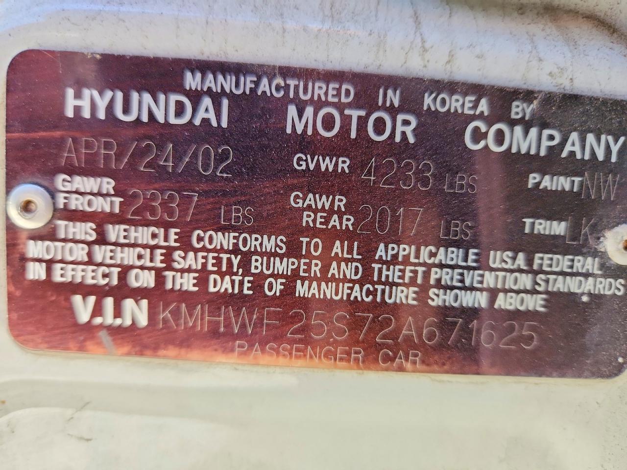 2002 HYUNDAI SONATA BASE photo 24