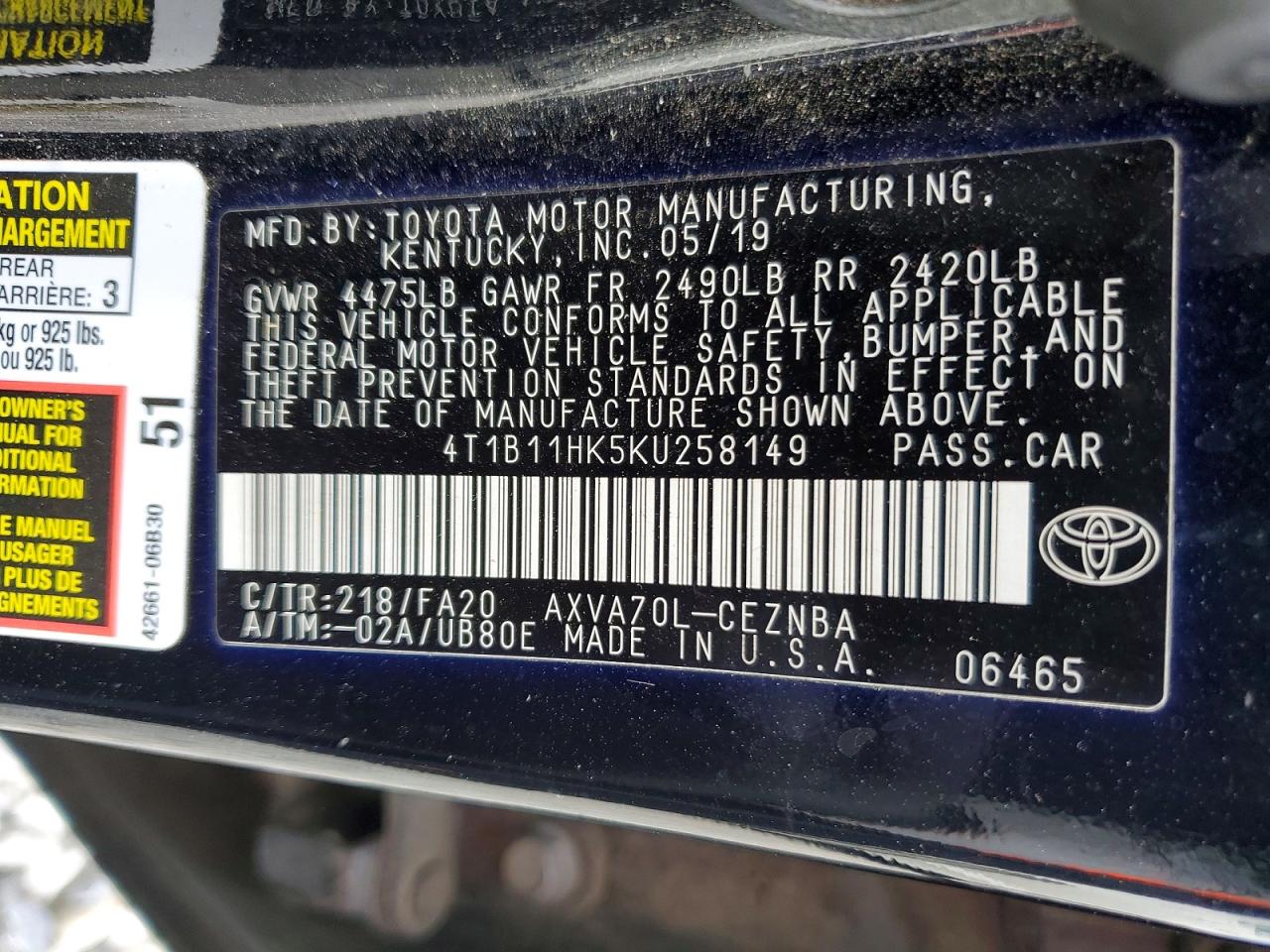 2019 TOYOTA CAMRY photo 12