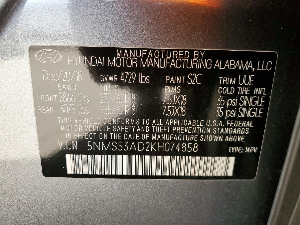 2019 HYUNDAI SANTA FE ULTIMATE 2.4L photo 12