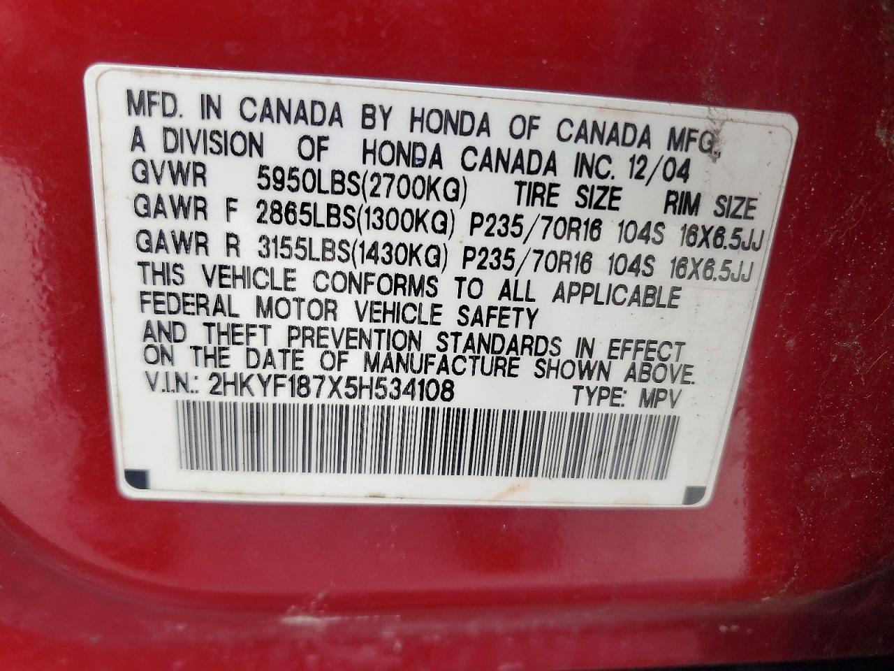 2005 HONDA PILOT EXL photo 12