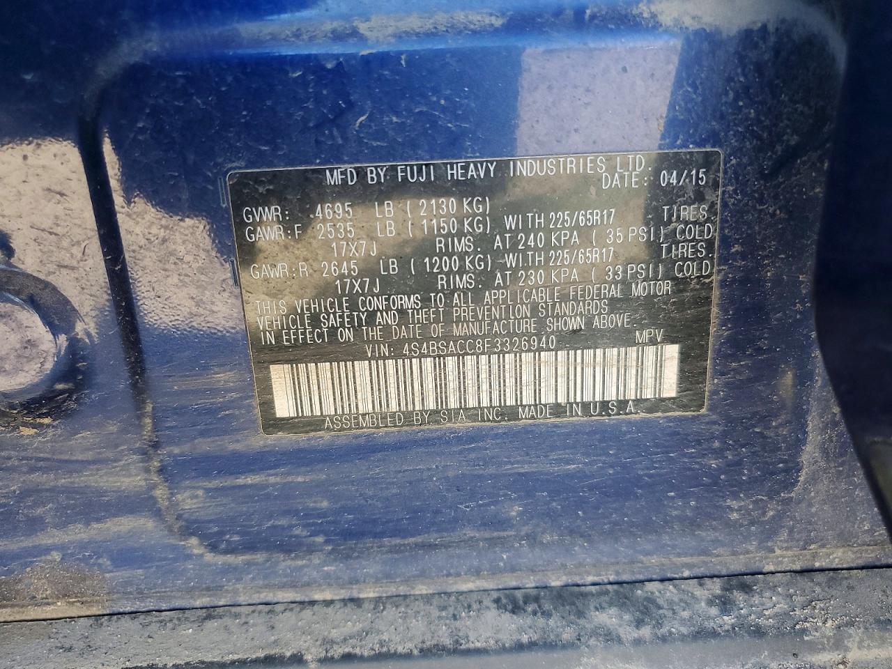 2015 SUBARU OUTBACK 2.5I PREMIUM photo 12