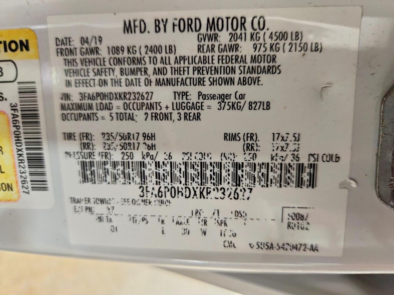 2019 FORD FUSION SE photo 34