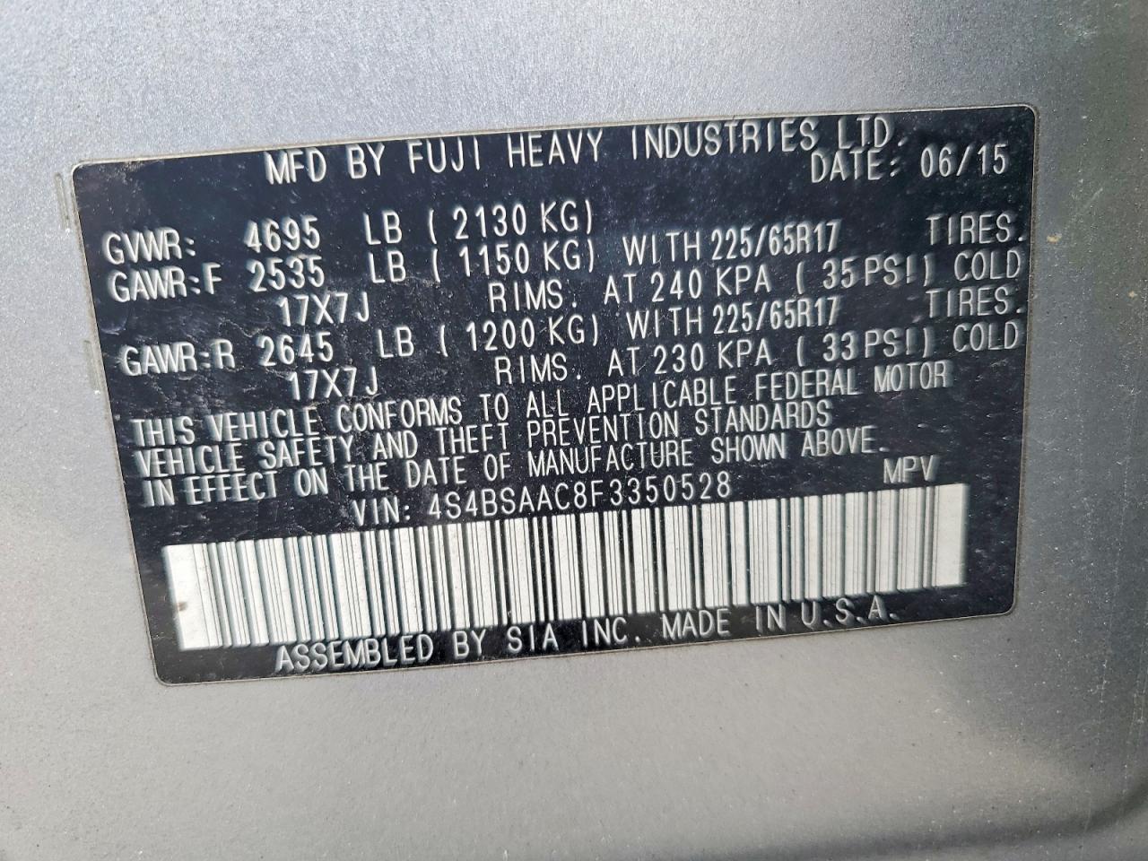 2015 SUBARU OUTBACK 2.5I photo 12