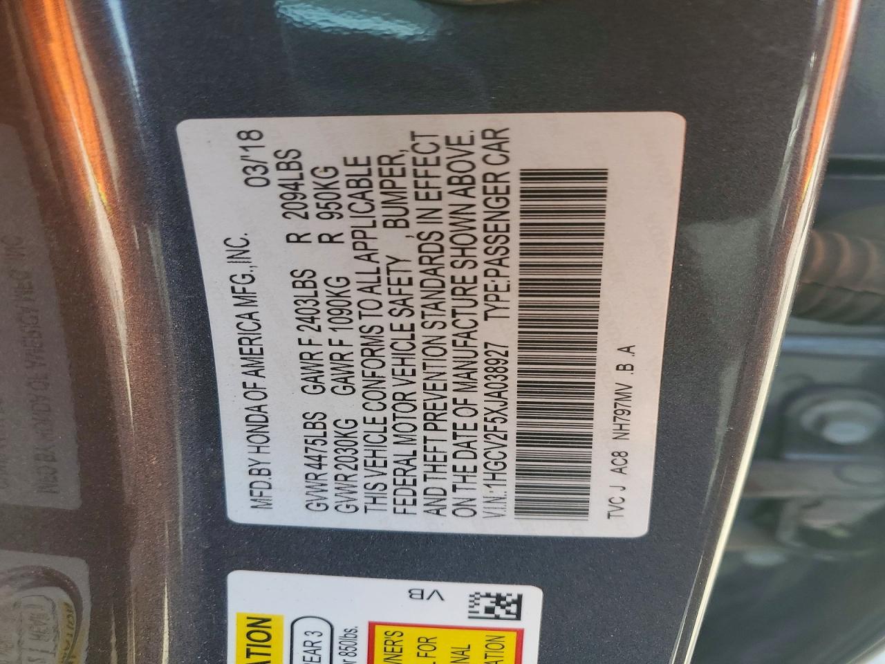 2018 HONDA ACCORD EXL photo 12
