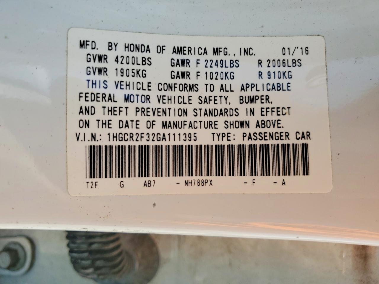 2016 HONDA ACCORD LX photo 12