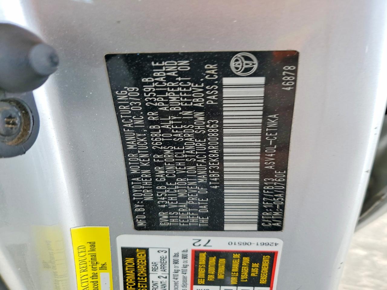 2010 TOYOTA CAMRY LE photo 12