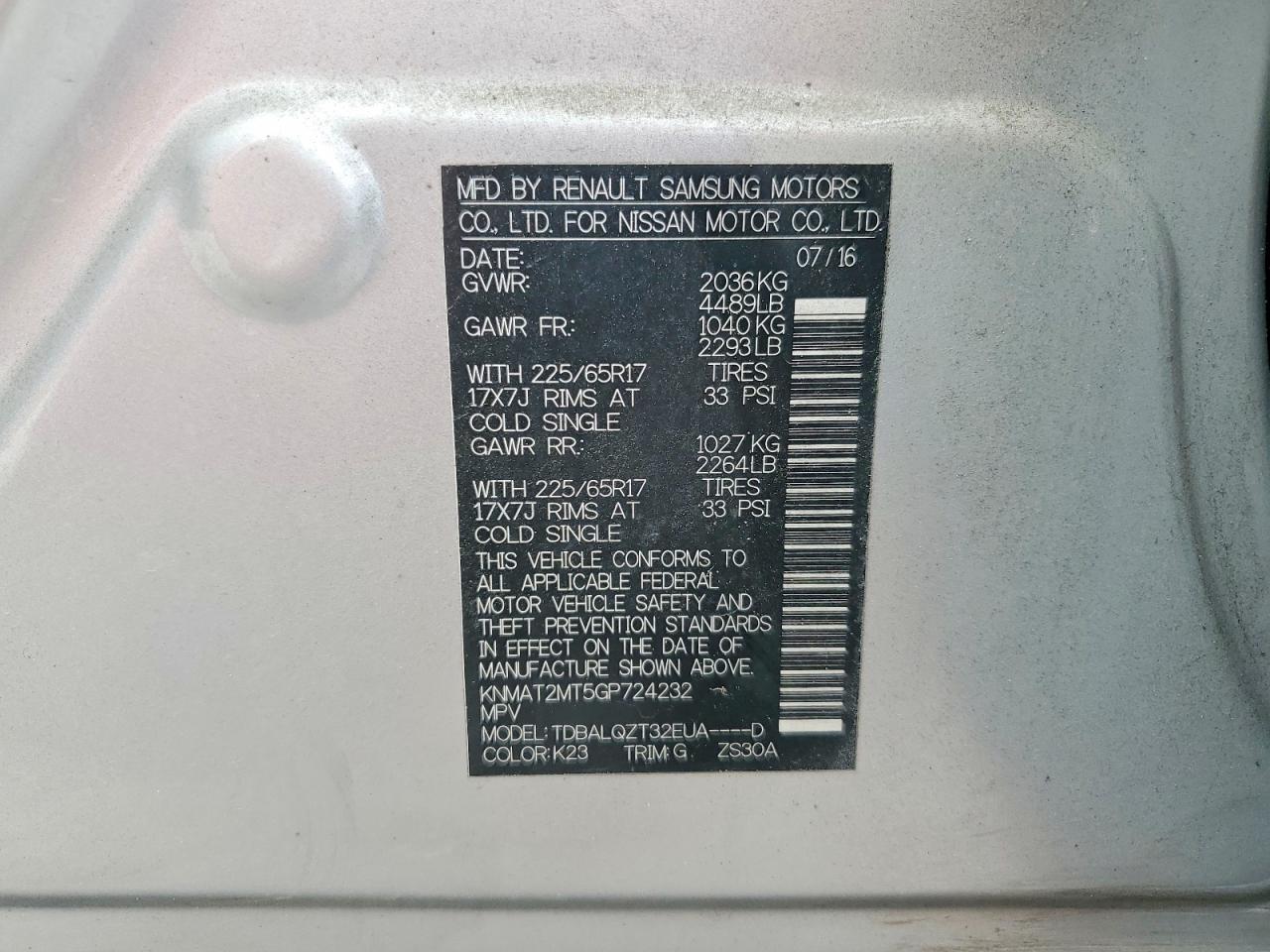 2016 NISSAN ROGUE SV photo 37