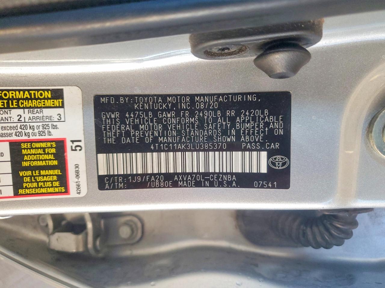 2020 TOYOTA CAMRY LE photo 12