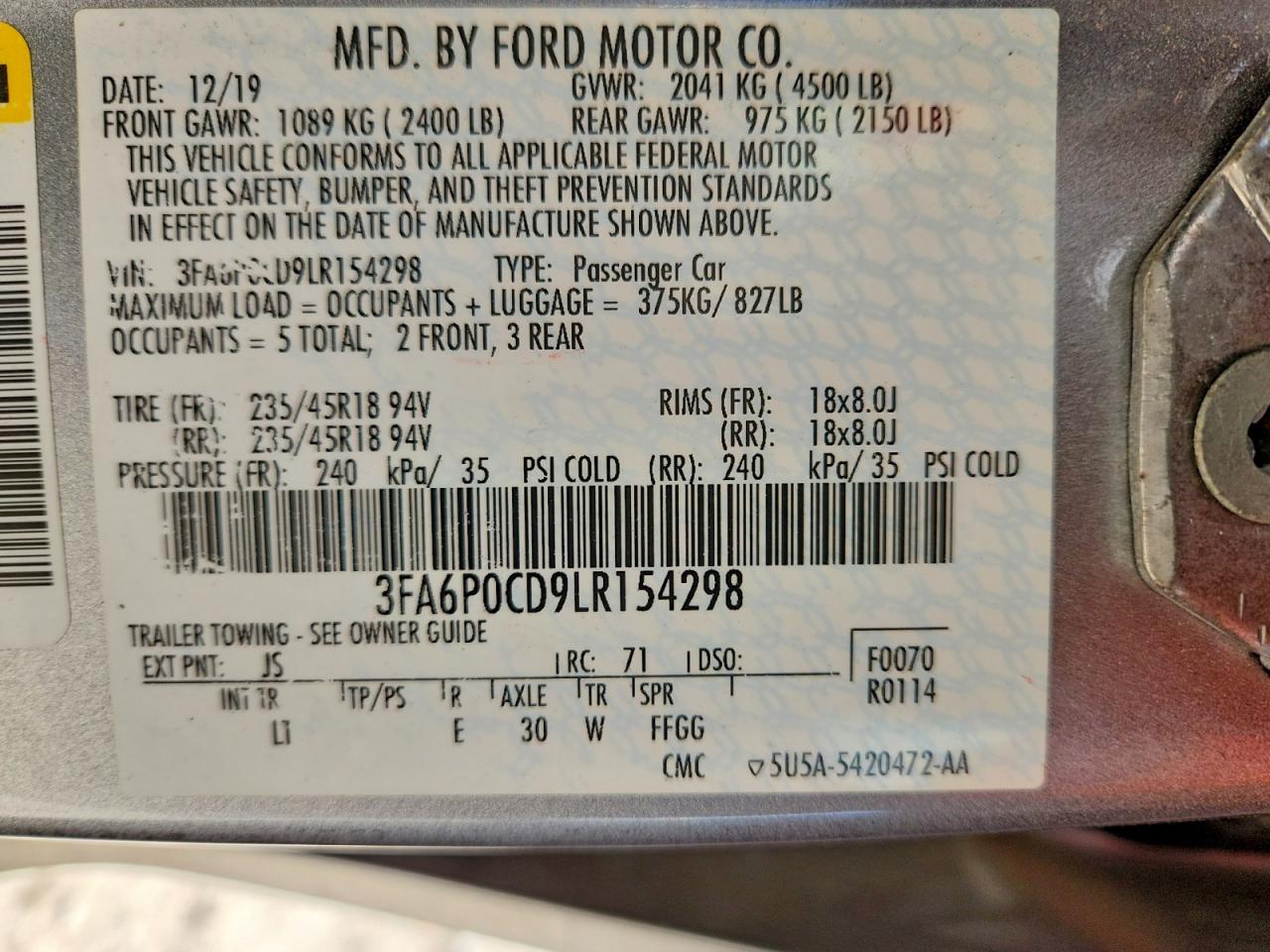 2020 FORD FUSION SEL photo 12