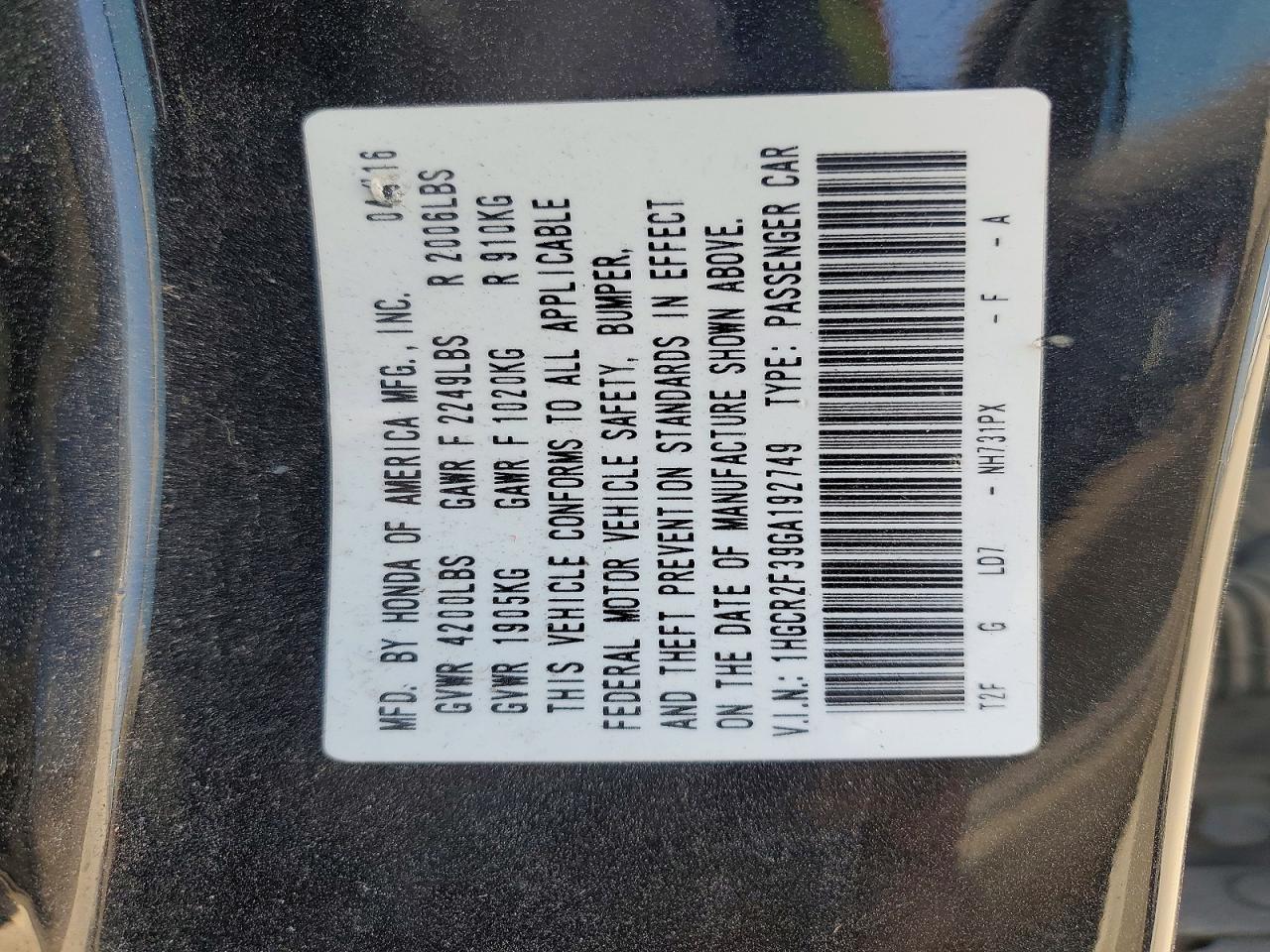 2016 HONDA ACCORD LX photo 23