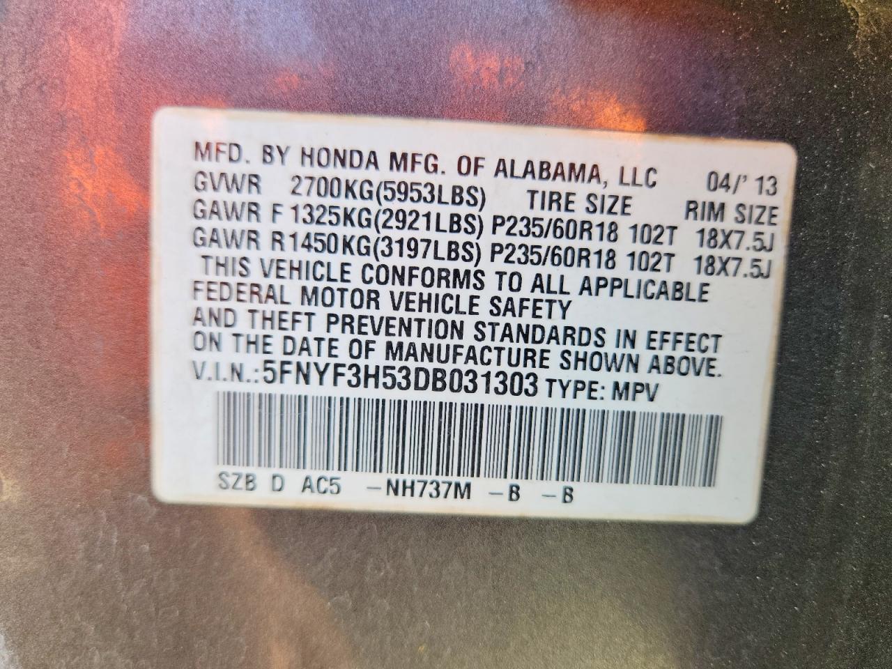 2013 HONDA PILOT EXL photo 13